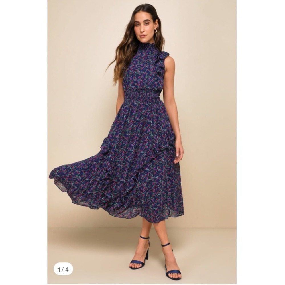 Lulus Evalina Navy Blue Floral Print Mock Neck Midi Dress XS new with tags